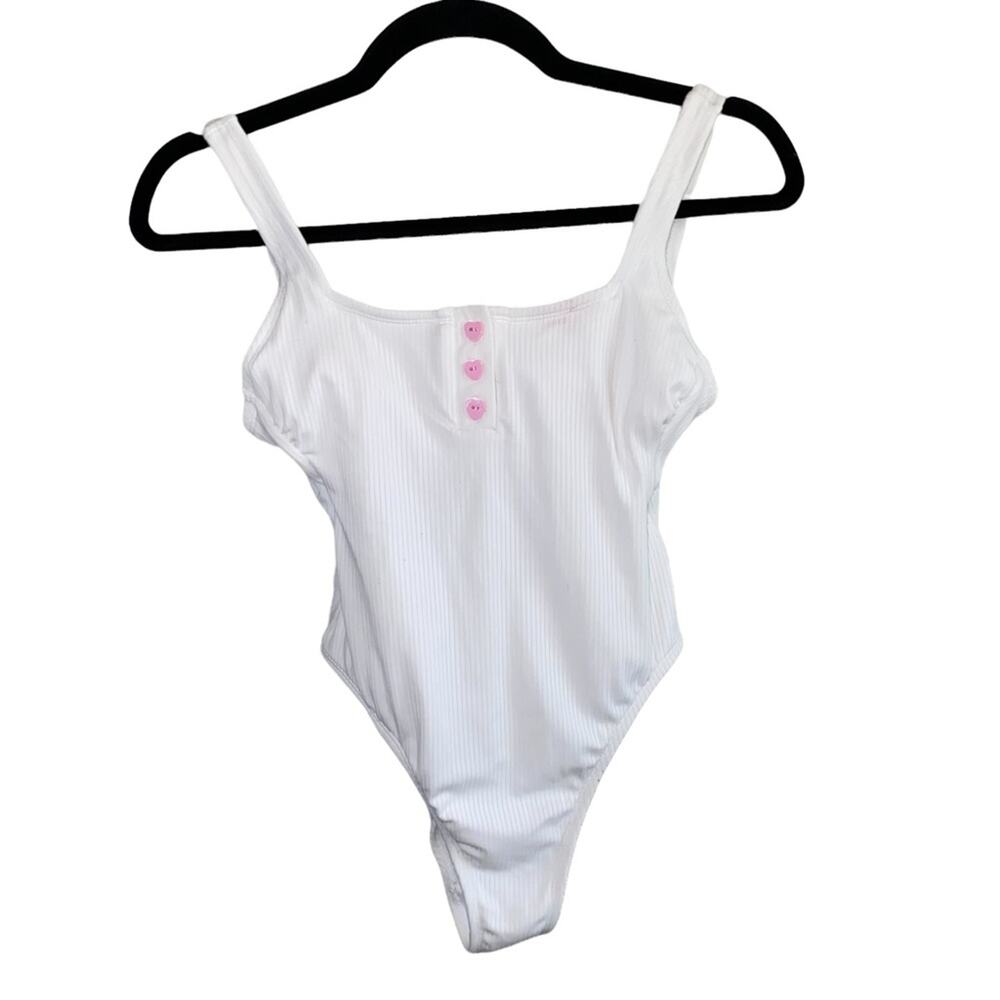 Stoney Clover Lane x Target White Ribbed Bodysuit XS Pink Button Y2K Coquette
